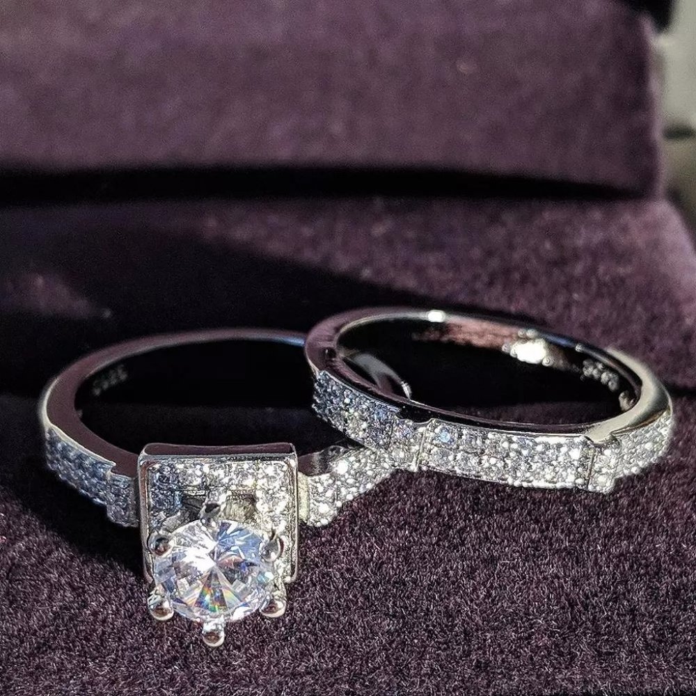 NEW 2pc/set 925 Sterling Silver Diamond Ring Set - Picture 2 of 3